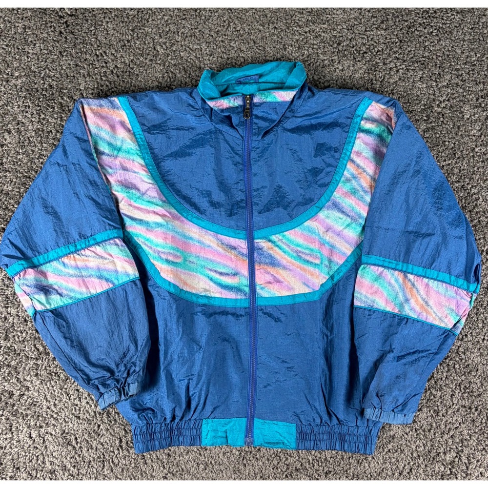 Vintage 80s Westport Ltd Colorblock Windbreaker Jacket Blue Teal Pastel Medium